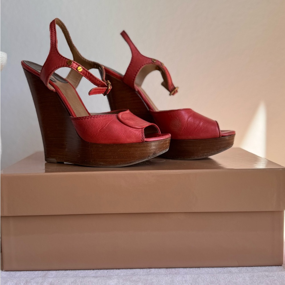 Chloe peep toe leather and wooden wedges